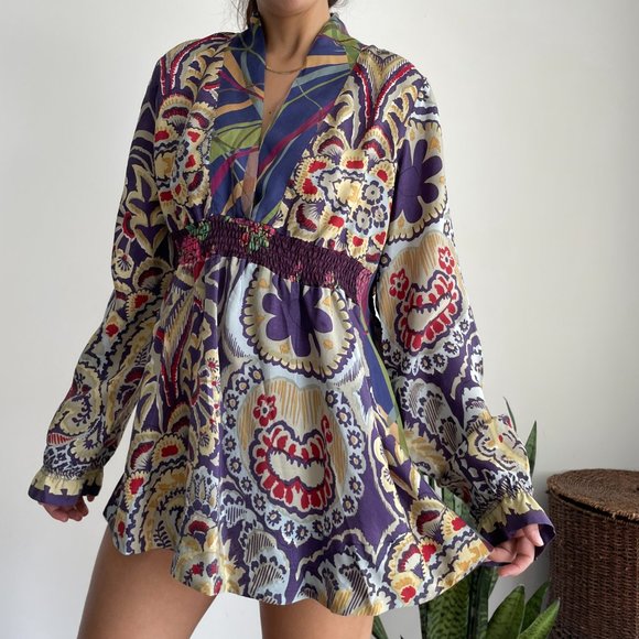 Johny was Tops - Johnny Was 100% silk floral print smock waist tunic top L